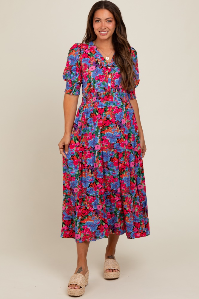 blue floral smocked waist maternity midi dress