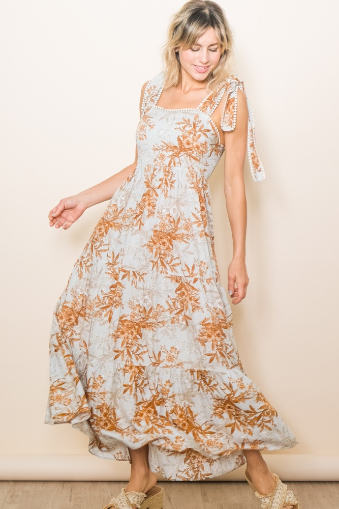 rust crochet trim floral maxi dress