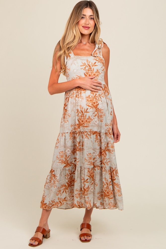 rust crochet trim floral maternity maxi dress