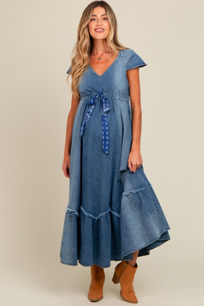 blue denim sash waist maternity maxi dress