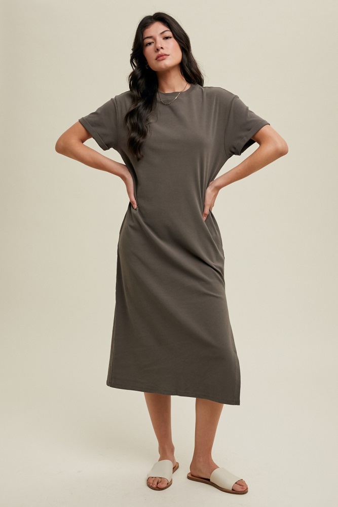 charcoal basic side slit midi dress