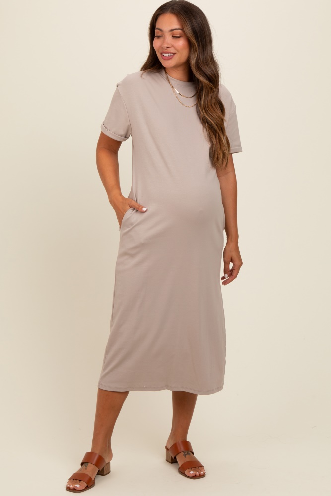 beige basic side slit maternity midi dress