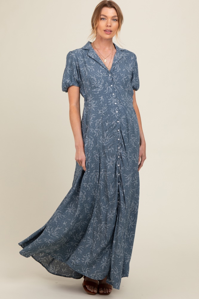 blue floral button down maternity maxi dress