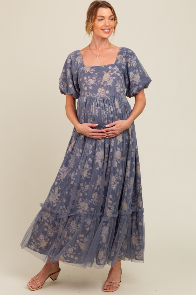 navy floral mesh overlay maternity maxi dress