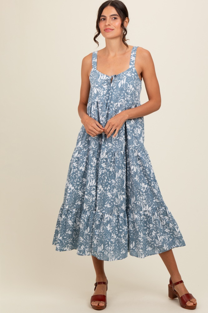 blue floral tiered midi dress