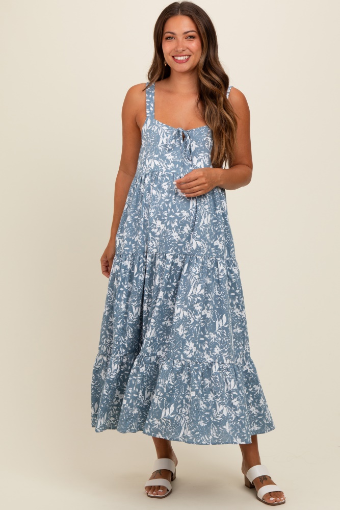 blue floral tiered maternity midi dress