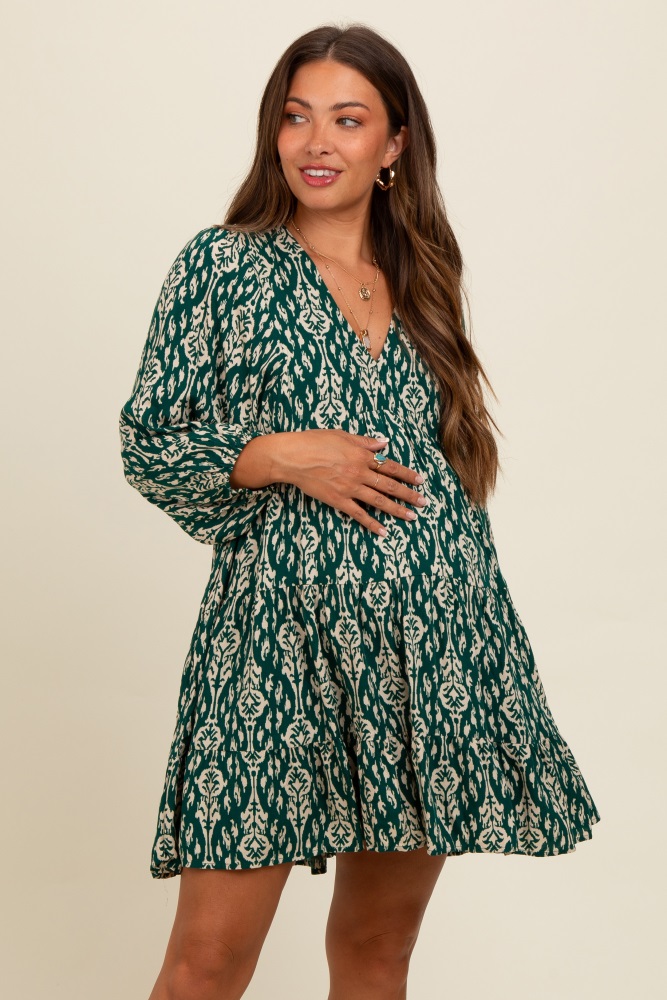 forest green printed maternity mini dress