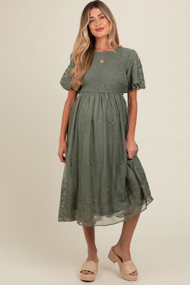 olive floral lace smocked maternity midi dress