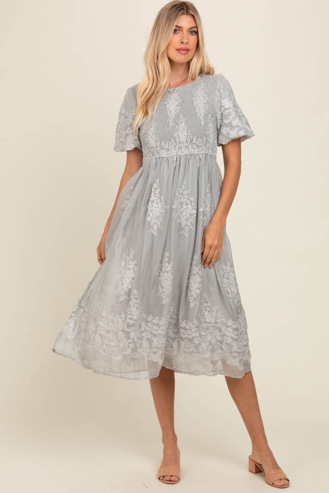 grey floral lace smocked midi dress