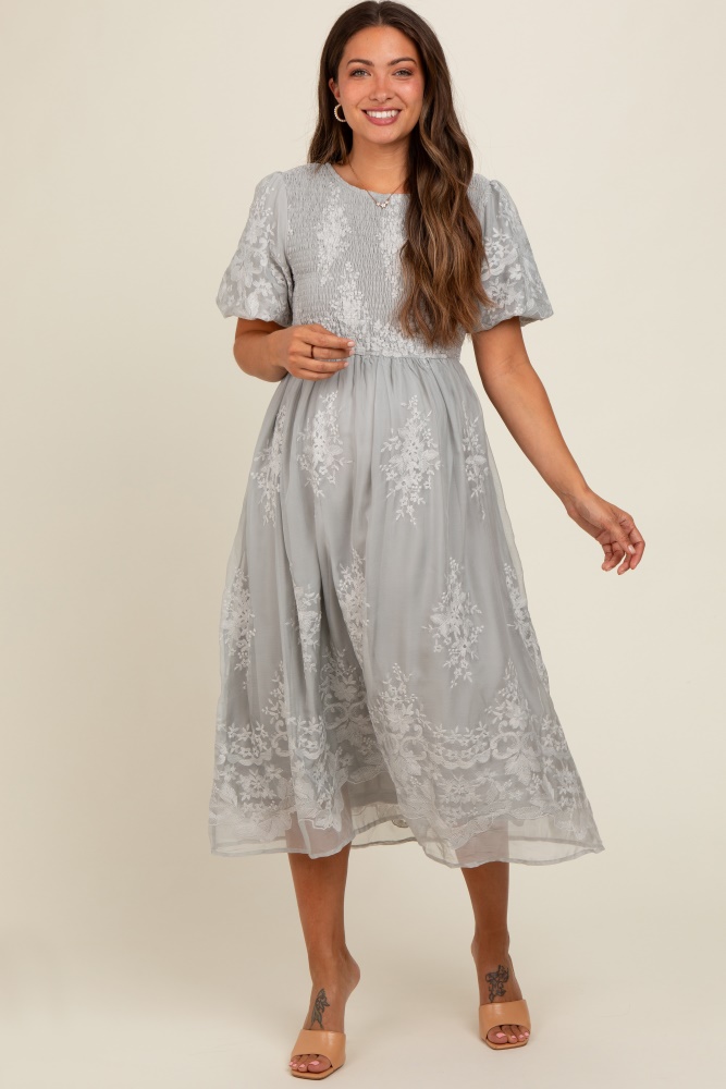 grey floral lace smocked maternity midi dress