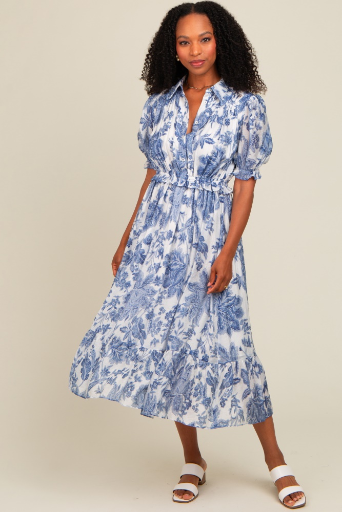 blue floral ruffle accent button up midi dress