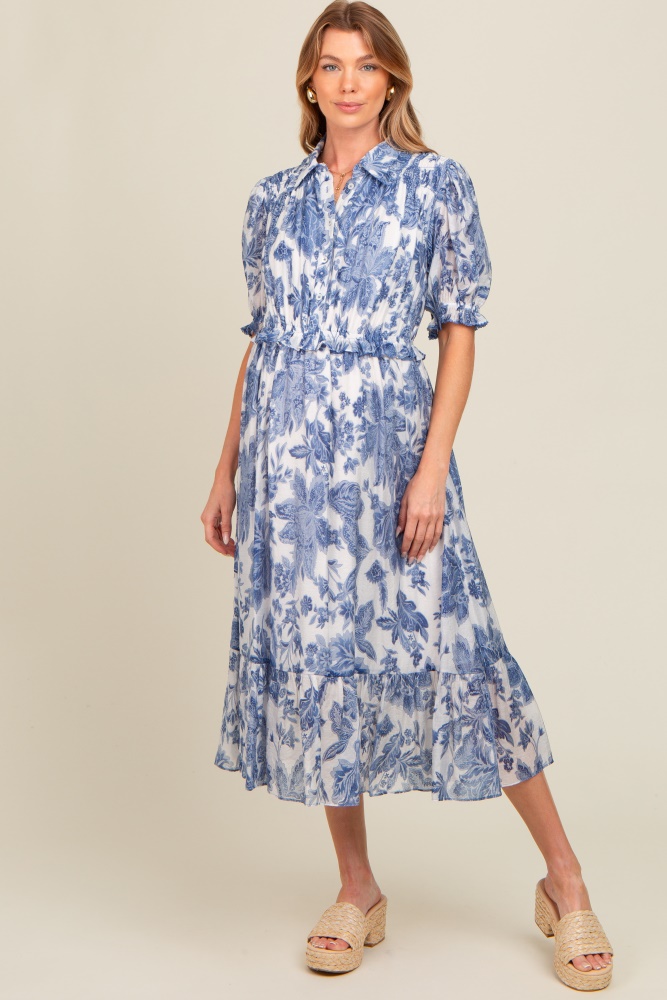 blue floral ruffle accent button up maternity midi dress