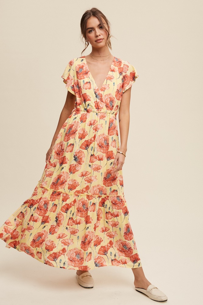 light yellow floral print v-neck maxi dress