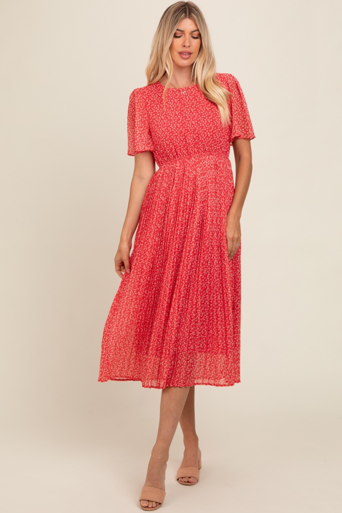 red floral pleated midi dress