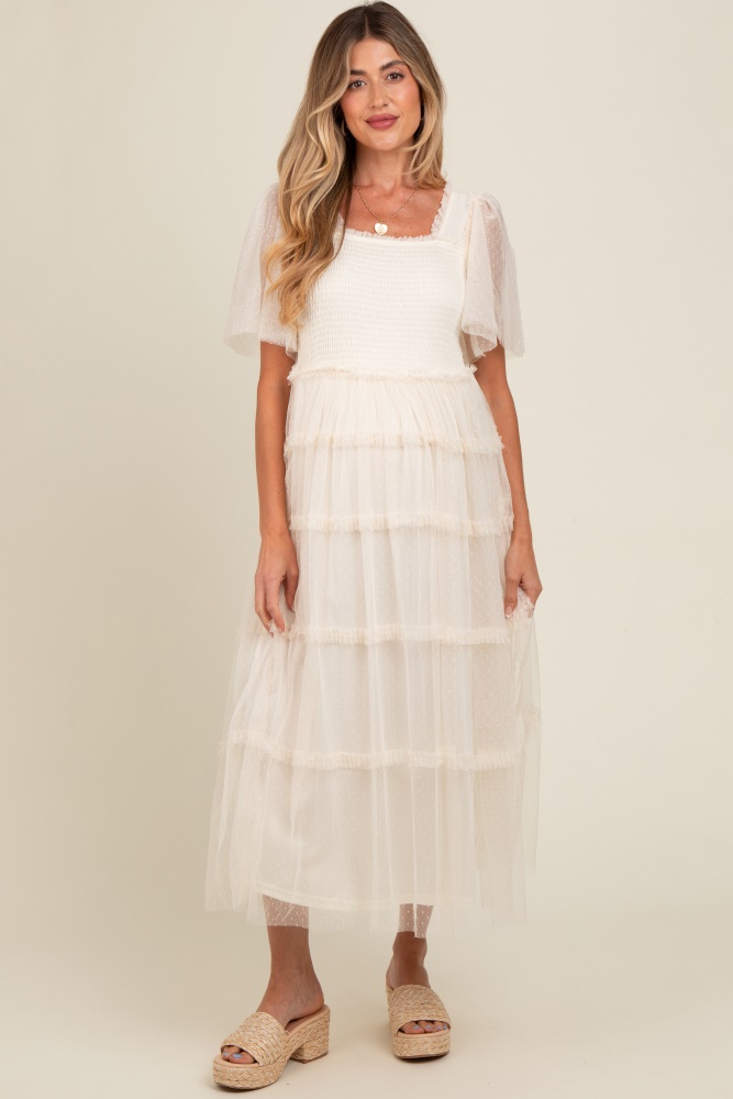 beige ruffled mesh maternity maxi dress