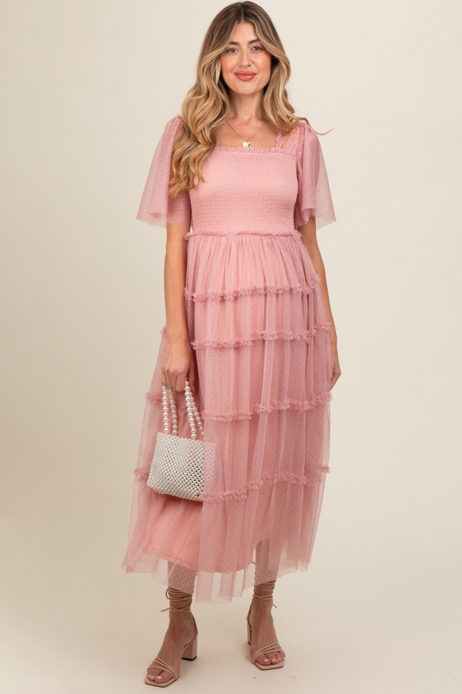 pink ruffled mesh maternity maxi dress