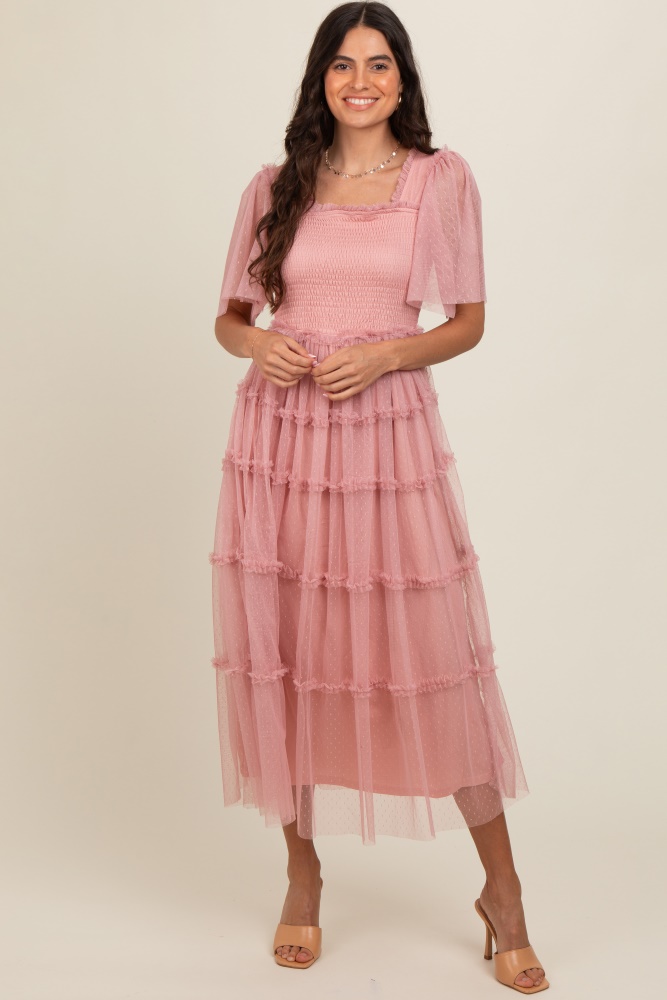 pink ruffled mesh maxi dress