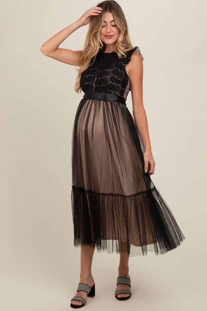 black lace contrast tulle maternity maxi dress