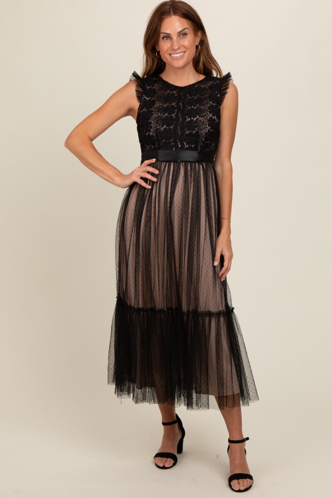 black lace contrast tulle maxi dress