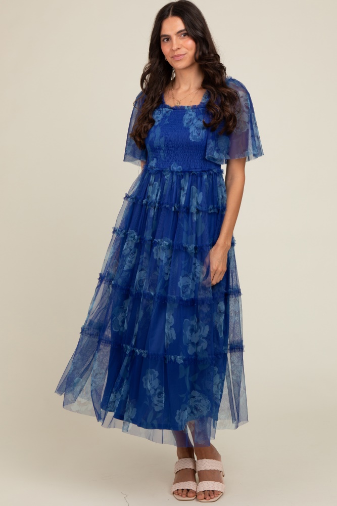 blue floral smocked tulle maxi dress