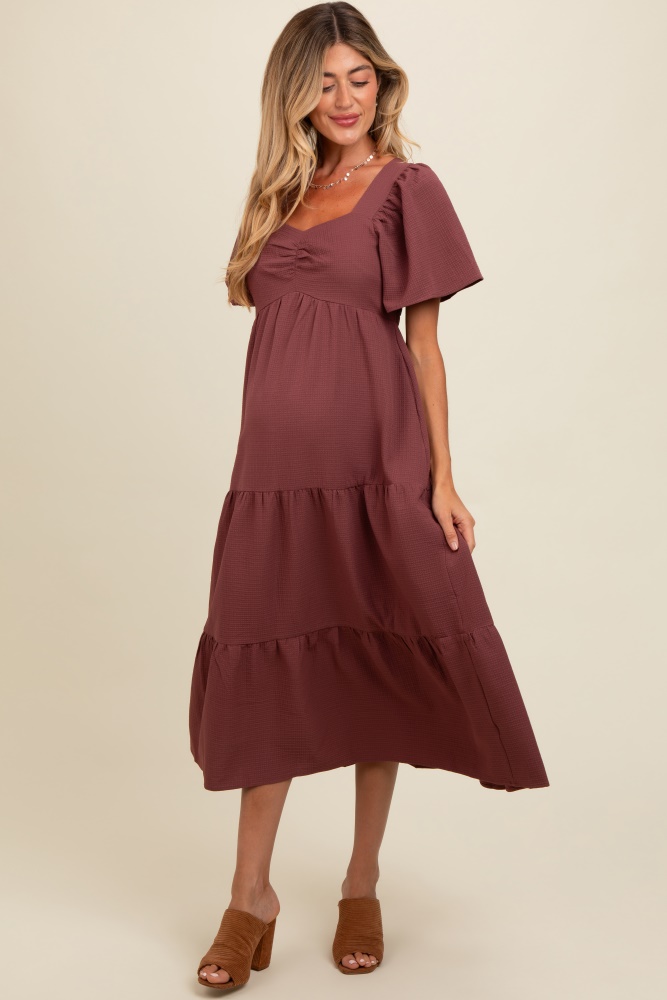 burgundy sweetheart neck short puff sleeve tiered maternity midi dress