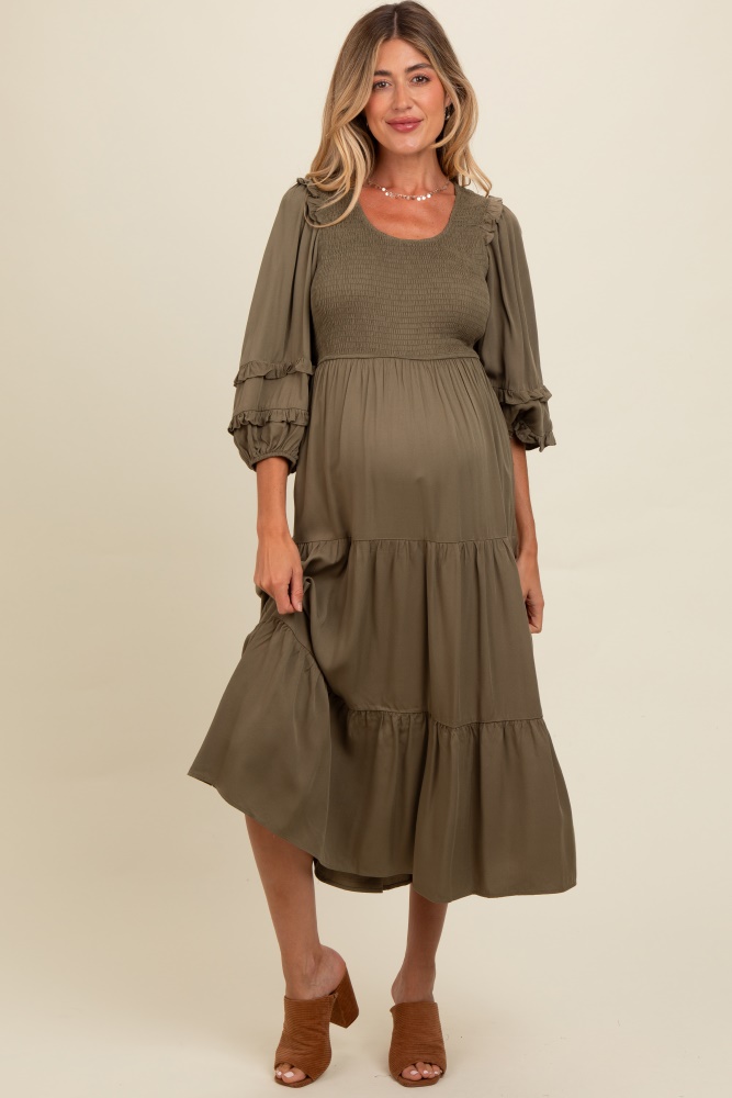 olive smocked ruffle shoulder tiered maternity midi dress