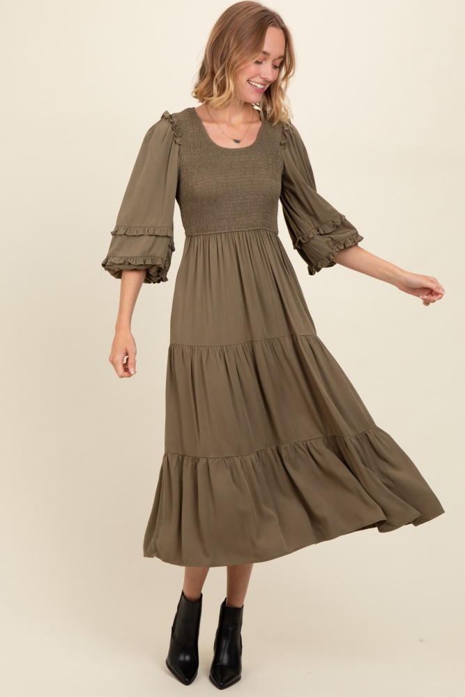 olive smocked ruffle shoulder tiered midi dress