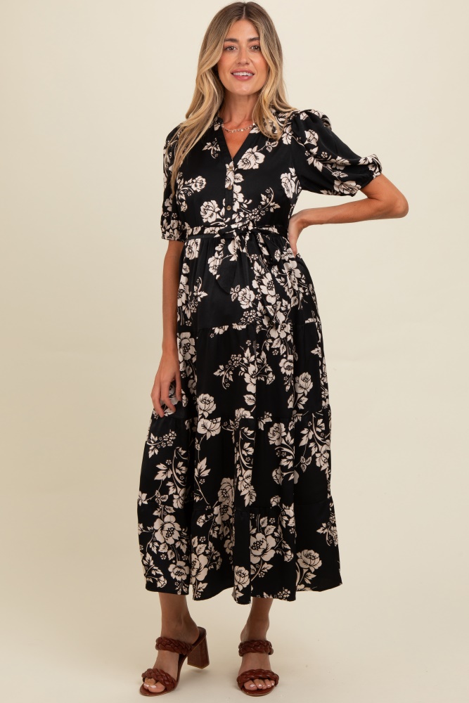 black floral button down front tie maternity midi dress