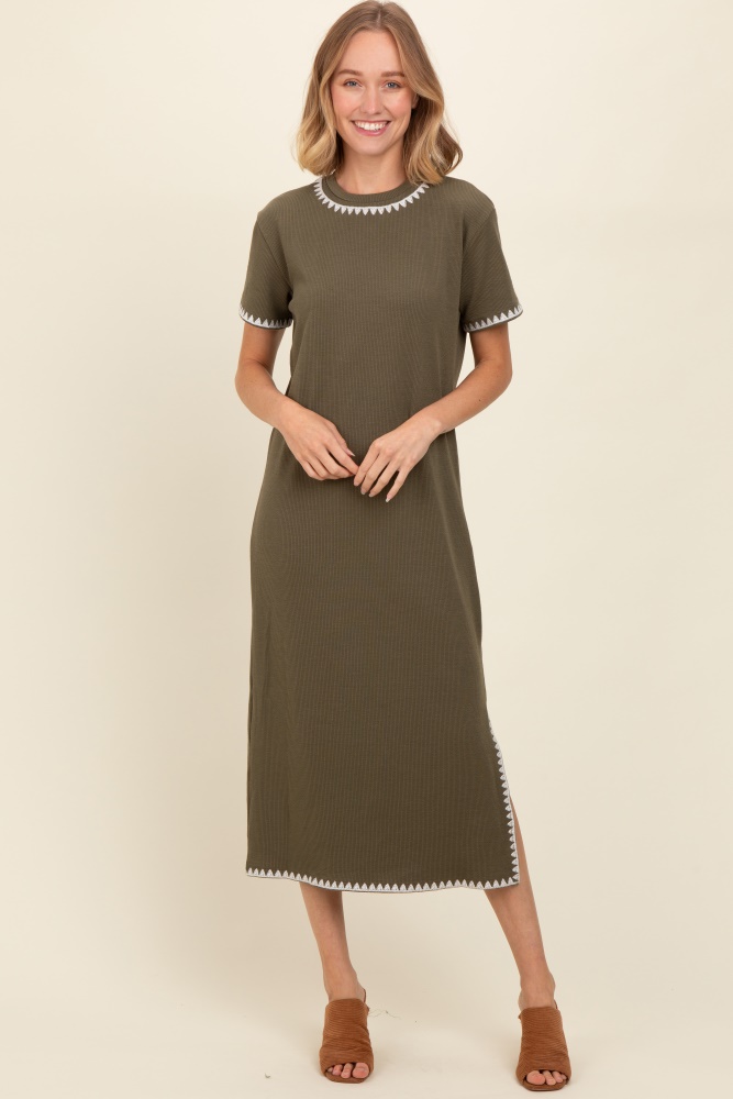 olive green ribbed embroidered trim short sleeve midi dress