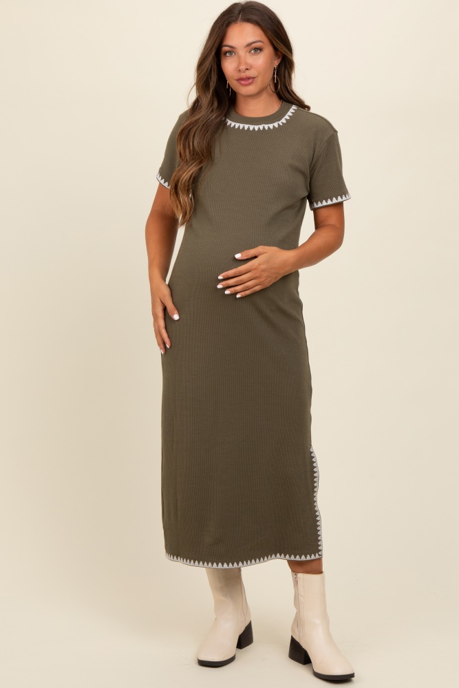 olive green ribbed embroidered trim short sleeve maternity midi dress