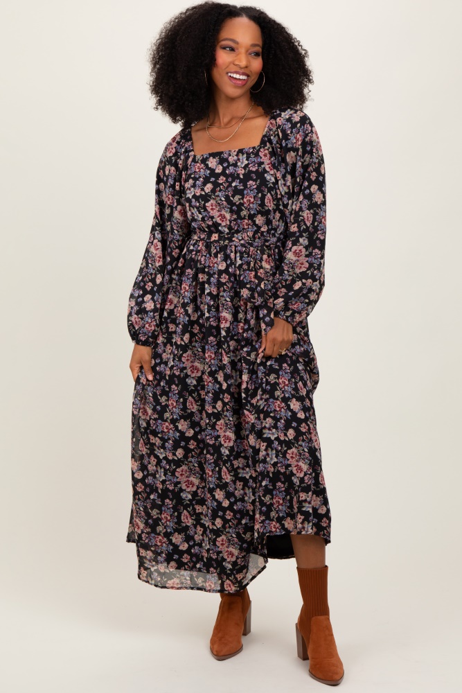 black floral square neck front tie midi dress