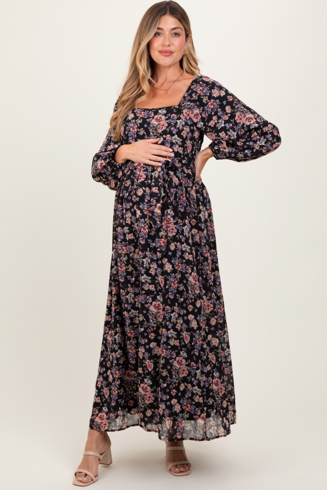 black floral square neck front tie maternity midi dress