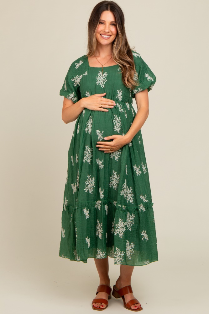 green floral print ruffle hem maternity midi dress