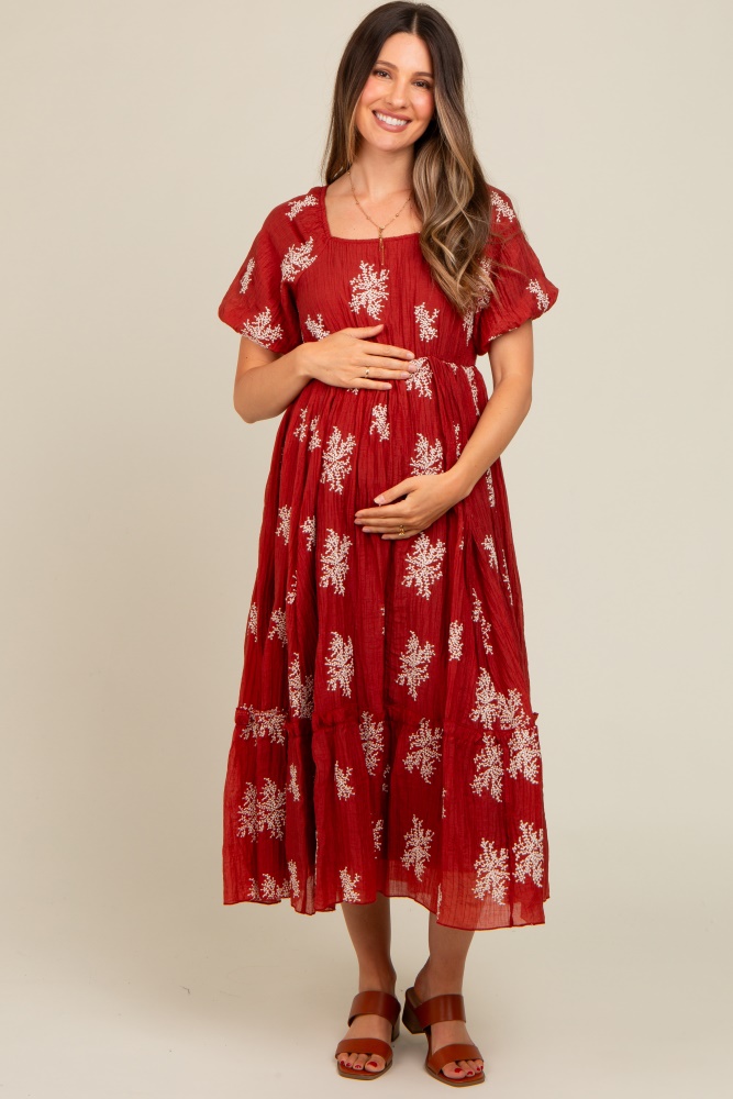 rust floral print ruffle hem maternity midi dress