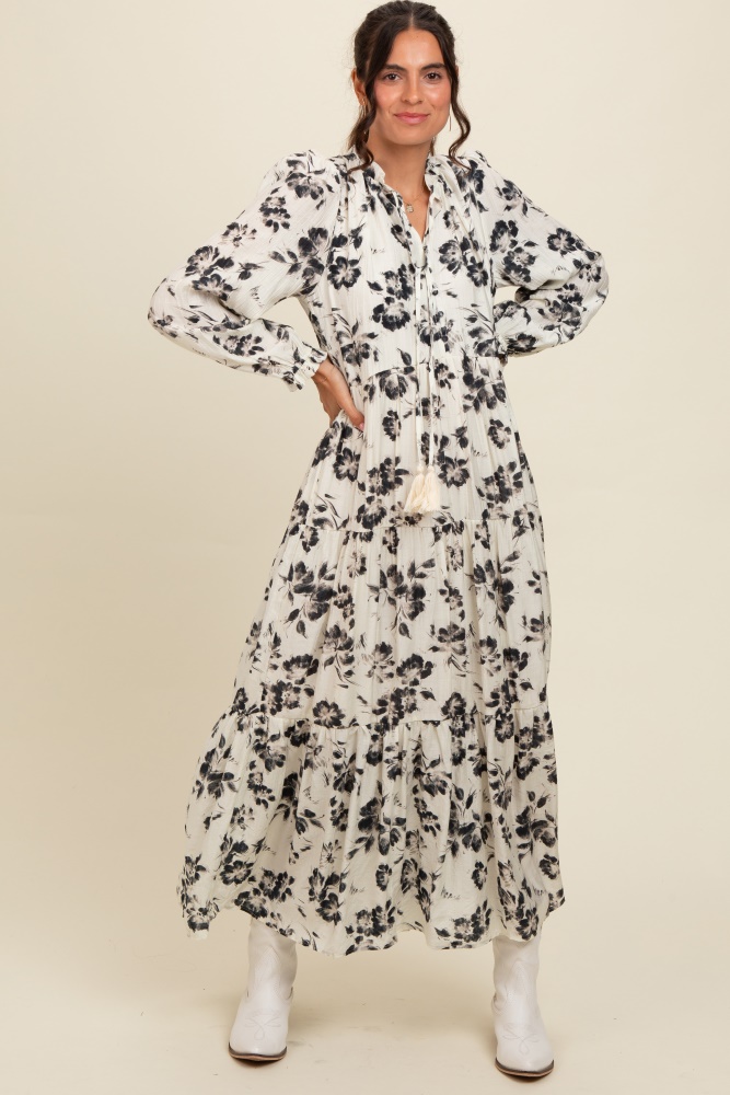 black floral button front tiered long sleeve maxi dress