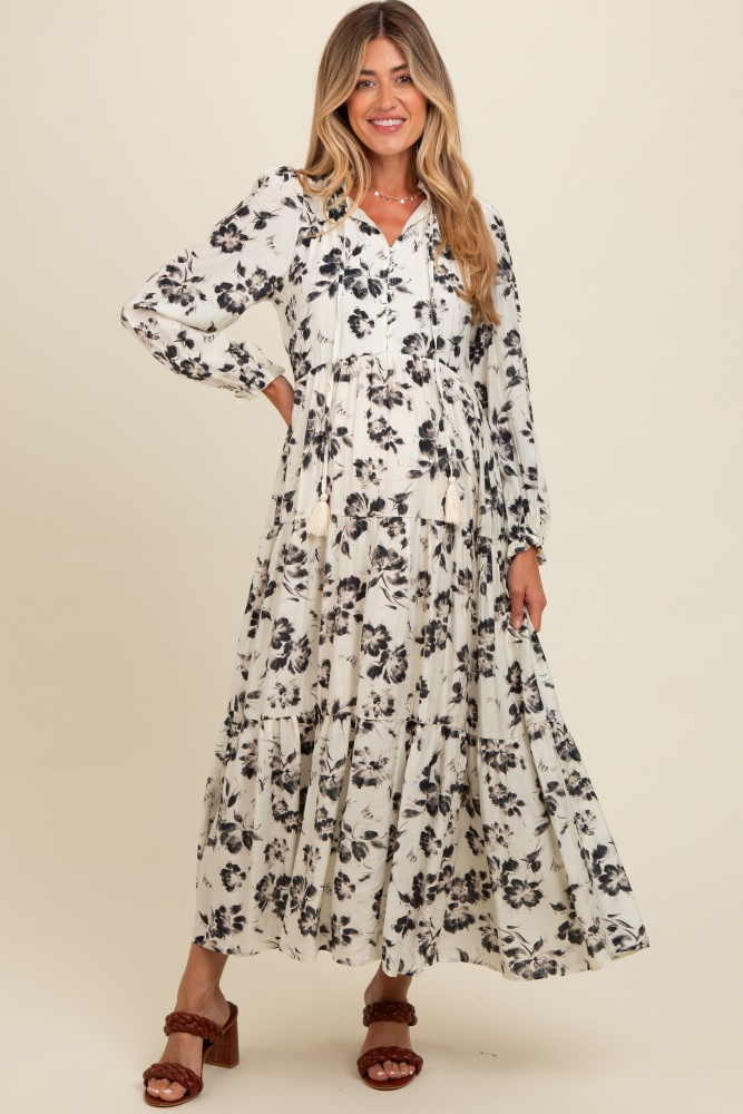 black floral button front tiered long sleeve maternity maxi dress