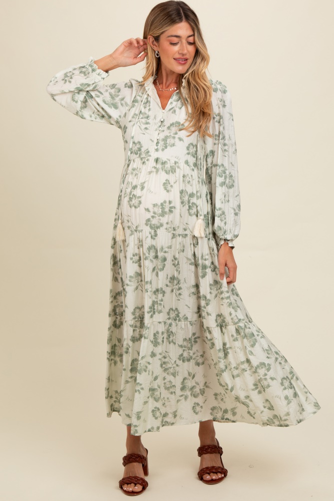 olive floral button front tiered long sleeve maternity maxi dress