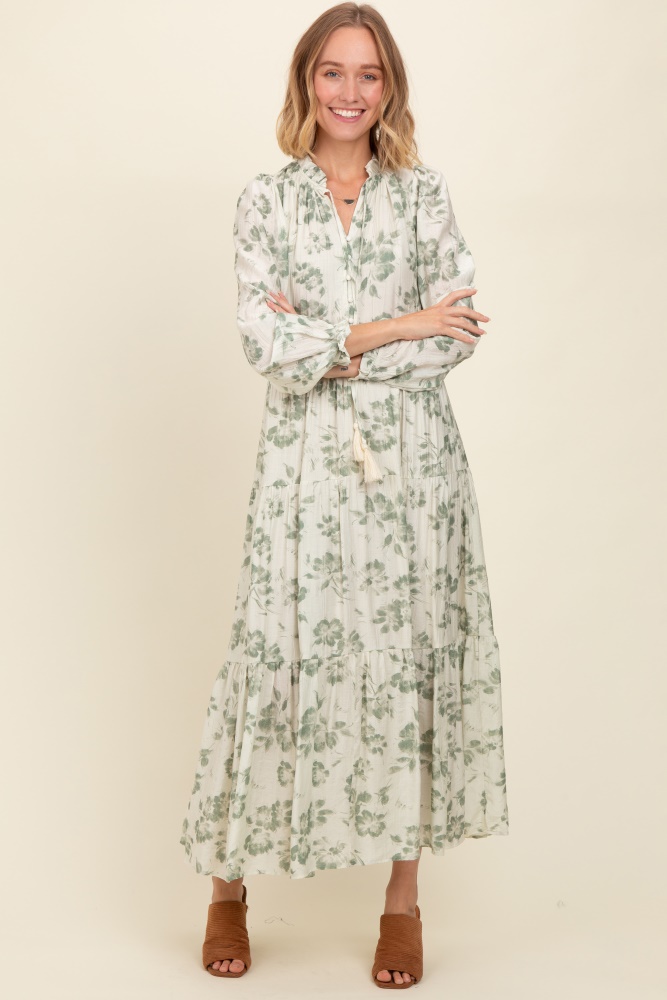 olive floral button front tiered long sleeve maxi dress