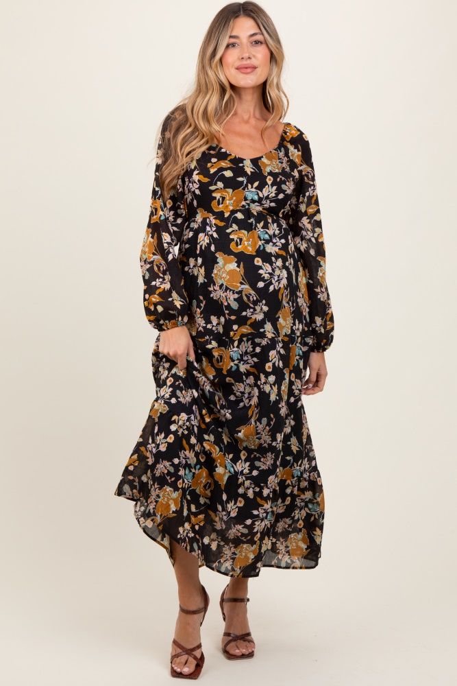 black floral v-neck long sleeve maternity midi dress