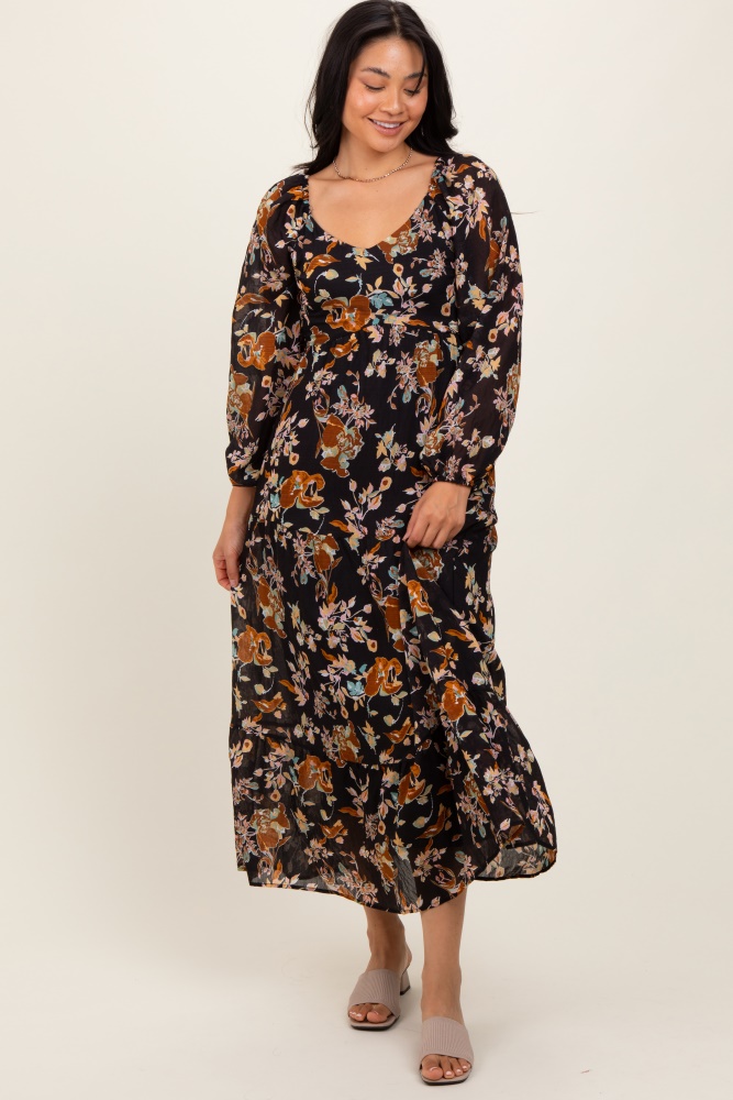 black floral v-neck long sleeve midi dress