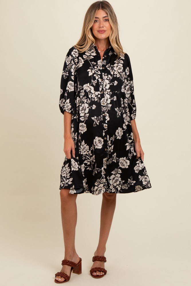 black floral button down collared maternity dress