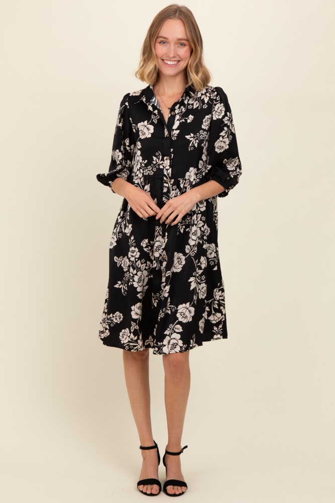 black floral button down collared dress