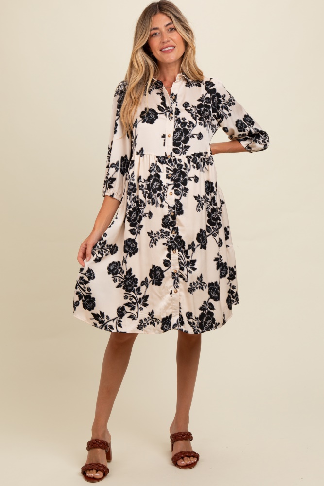 cream floral button down collared maternity dress