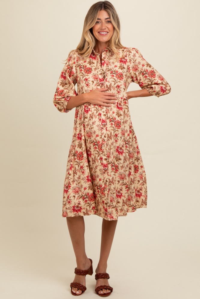 cream floral button down maternity midi dress