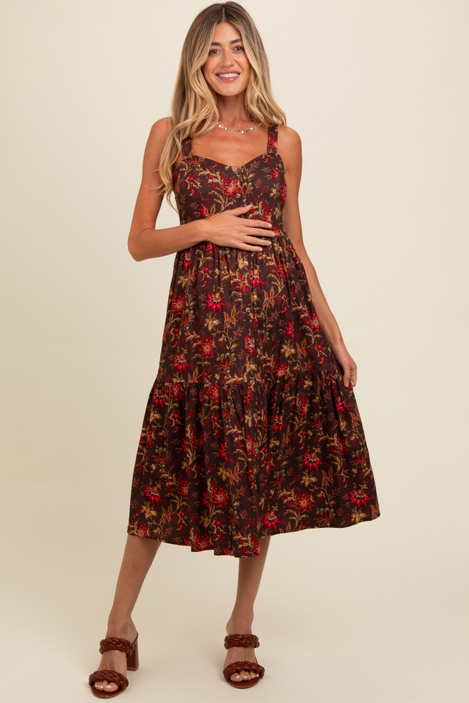 brown floral sweetheart neck button down maternity midi dress