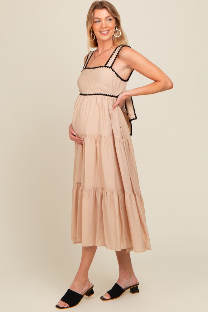 beige scallop trim tiered maternity midi dress