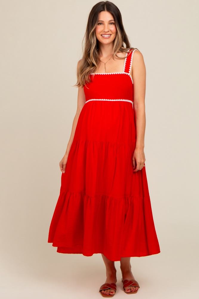 red scallop trim tiered maternity midi dress