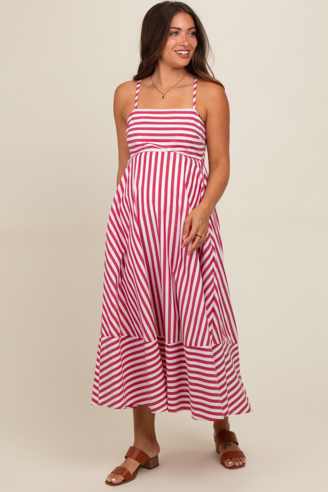 red contrast stripe maternity midi dress