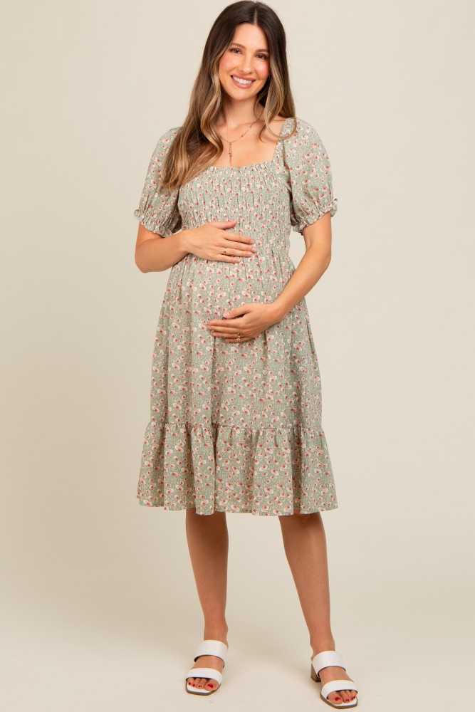 light olive floral smocked maternity dress