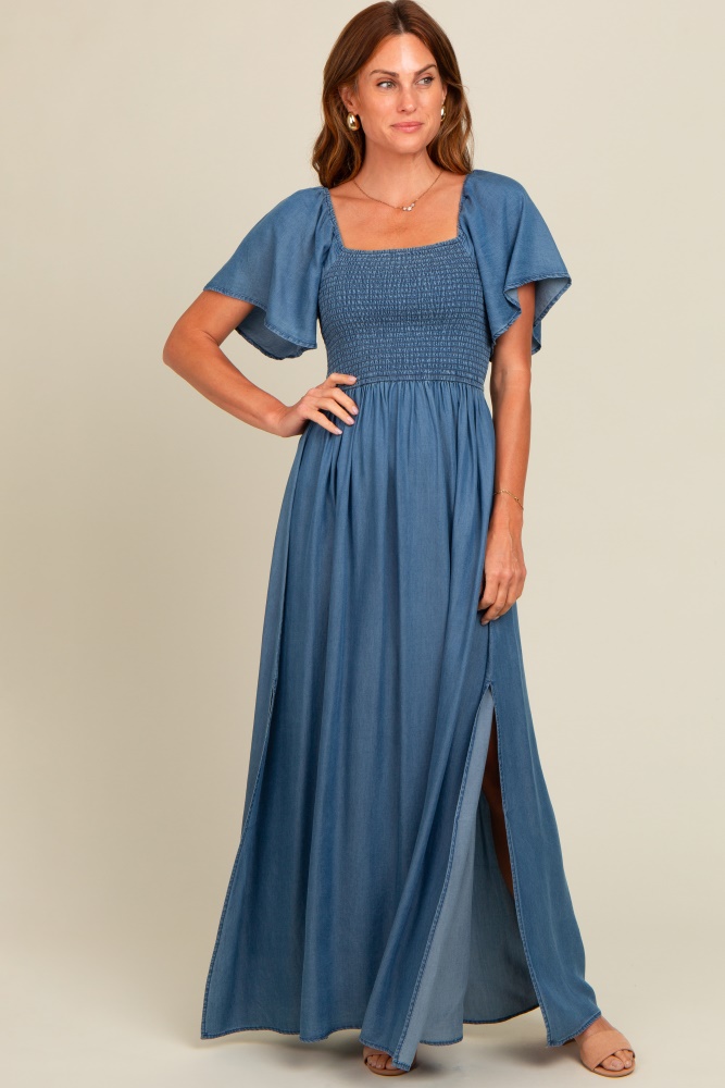 blue chambray smocked maxi dress